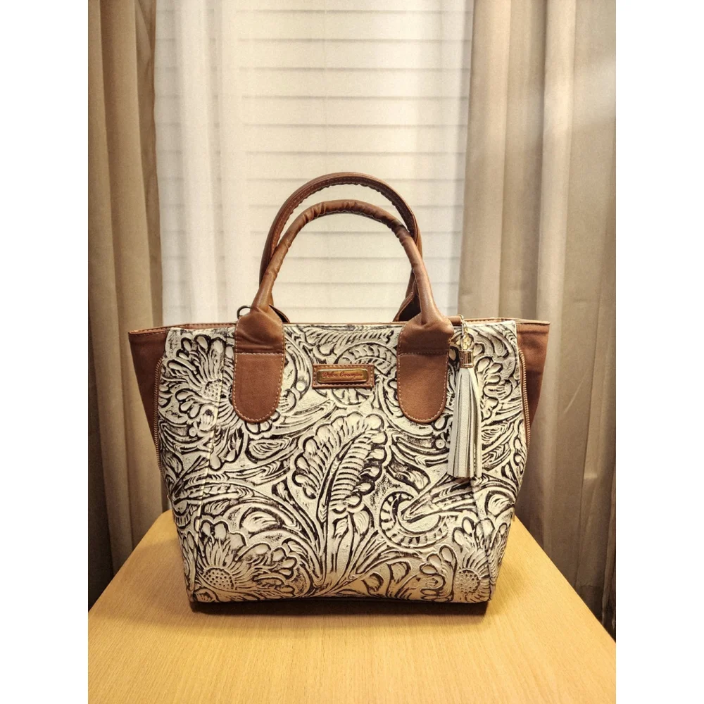 Brown Off White Zippered Floral Embossed Tooled Artisanal LEATHER Bag Purse